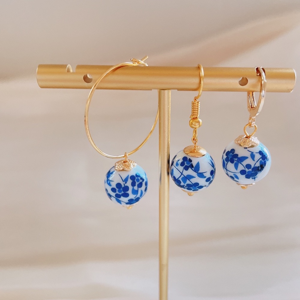 Blue and white porcelain hoop earrings